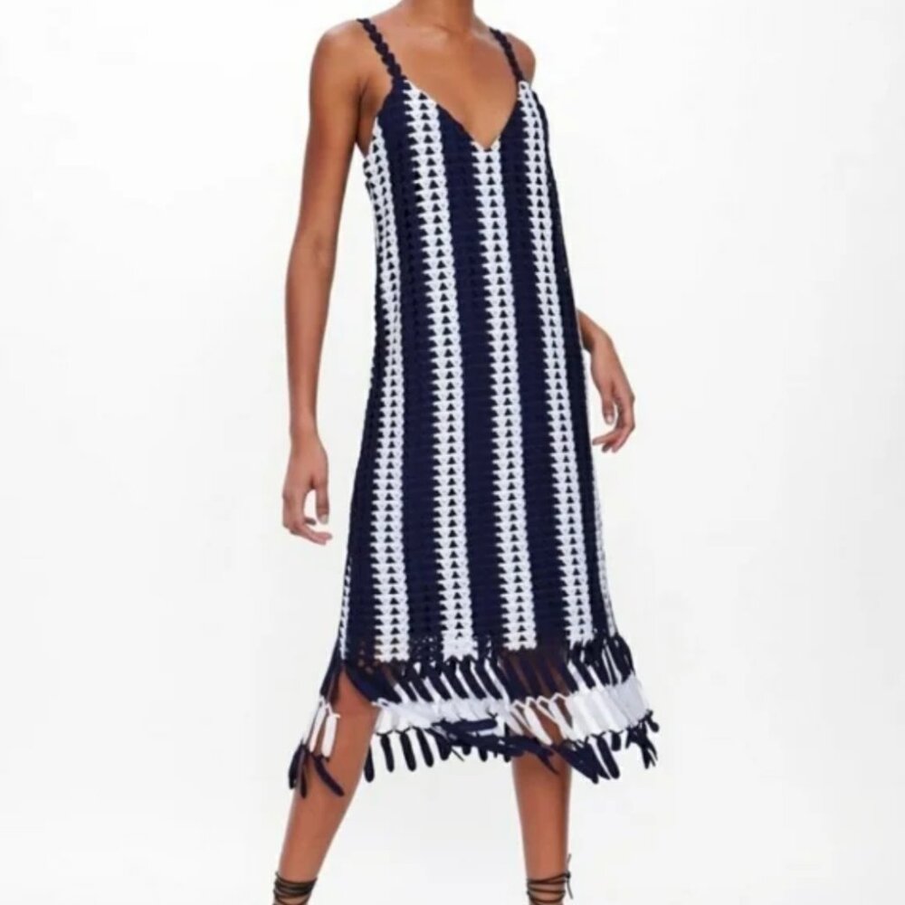 Zara Blue White Fringe Crochet Dress S